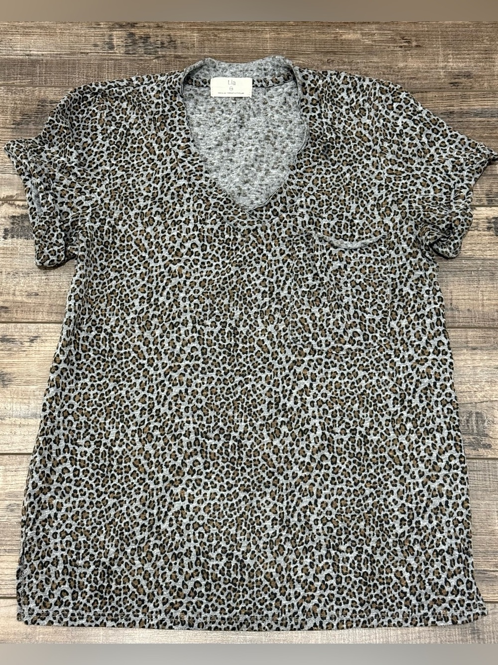 T.La Leopard Print V-Neck Pocket Tee - Gray and Brown XXS